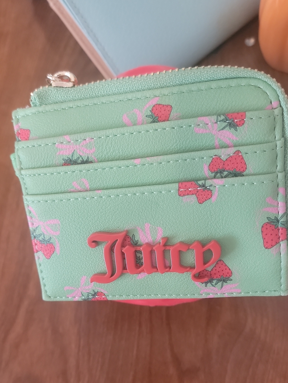 Juicy Couture Mint Green Card Holder with Pink Strawberry Print